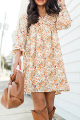 Printed V-Neck Balloon Sleeve Mini Dress OutfitFlow